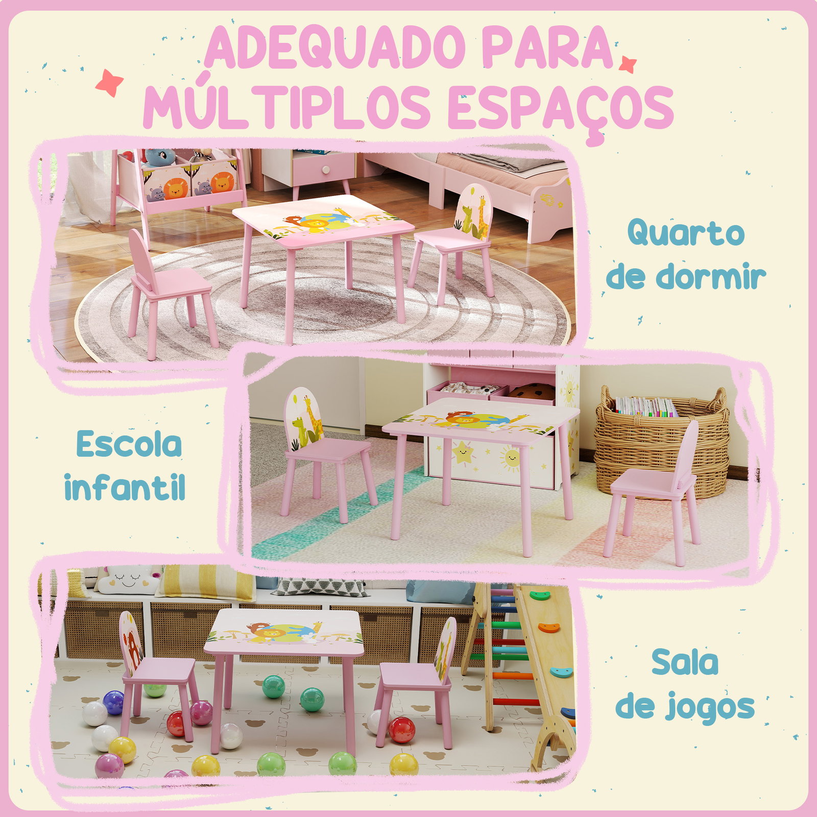 Mesa e cadeiras para crianças com estampados de animais para meninos e meninas de 3-8 anos para casa escola infantil rosa