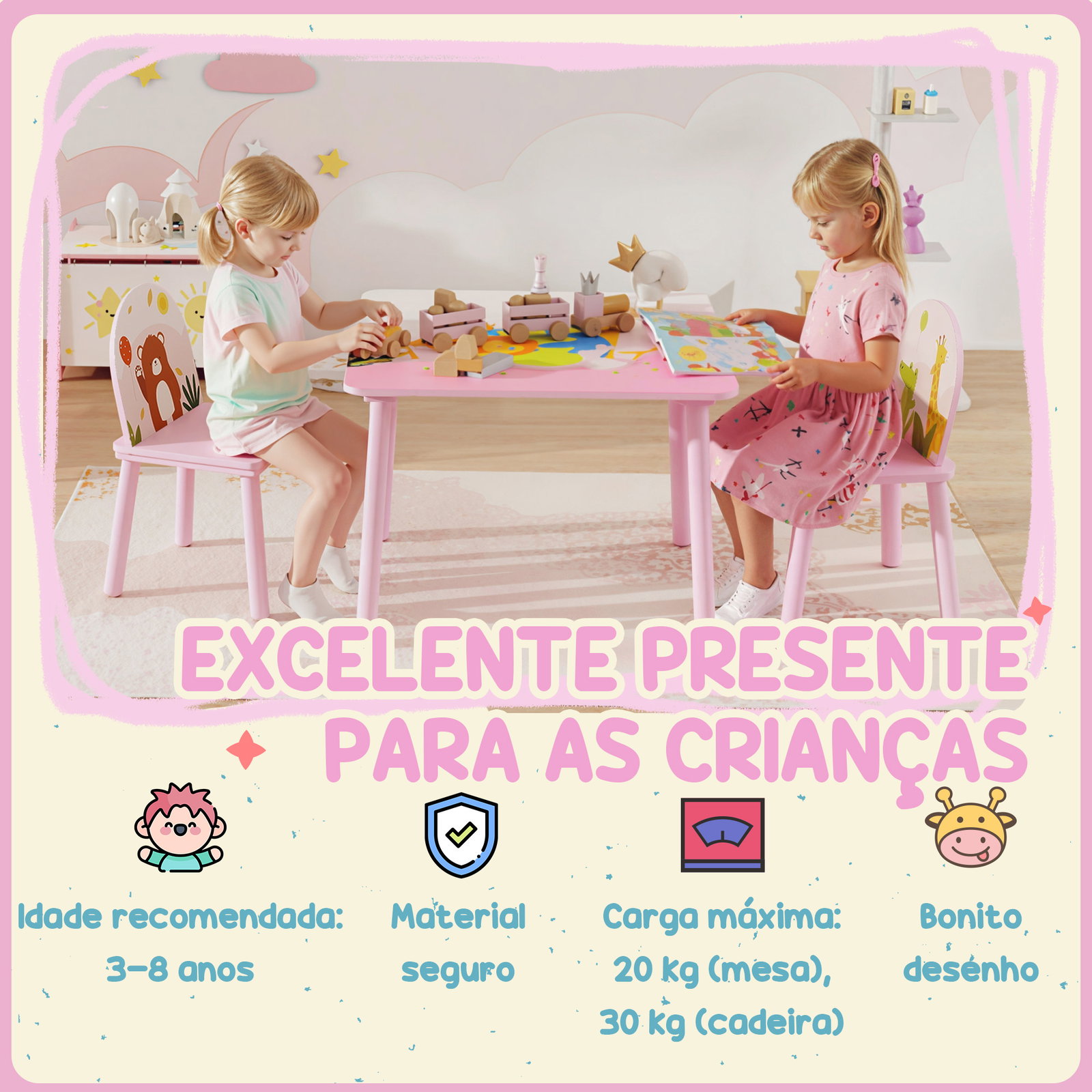 Mesa e cadeiras para crianças com estampados de animais para meninos e meninas de 3-8 anos para casa escola infantil rosa