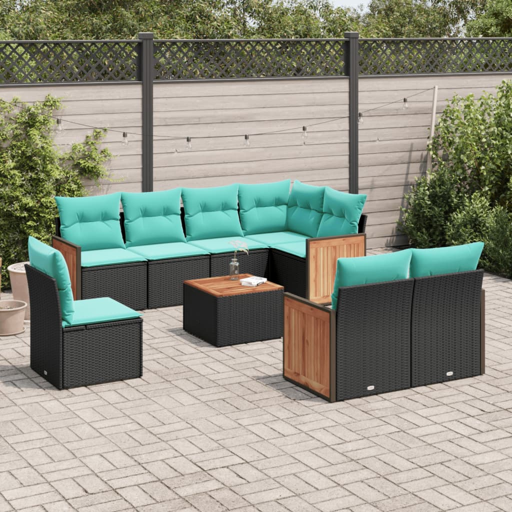Conjunto de sofá de jardim de 9 peças com almofadas em rattan sintético preto