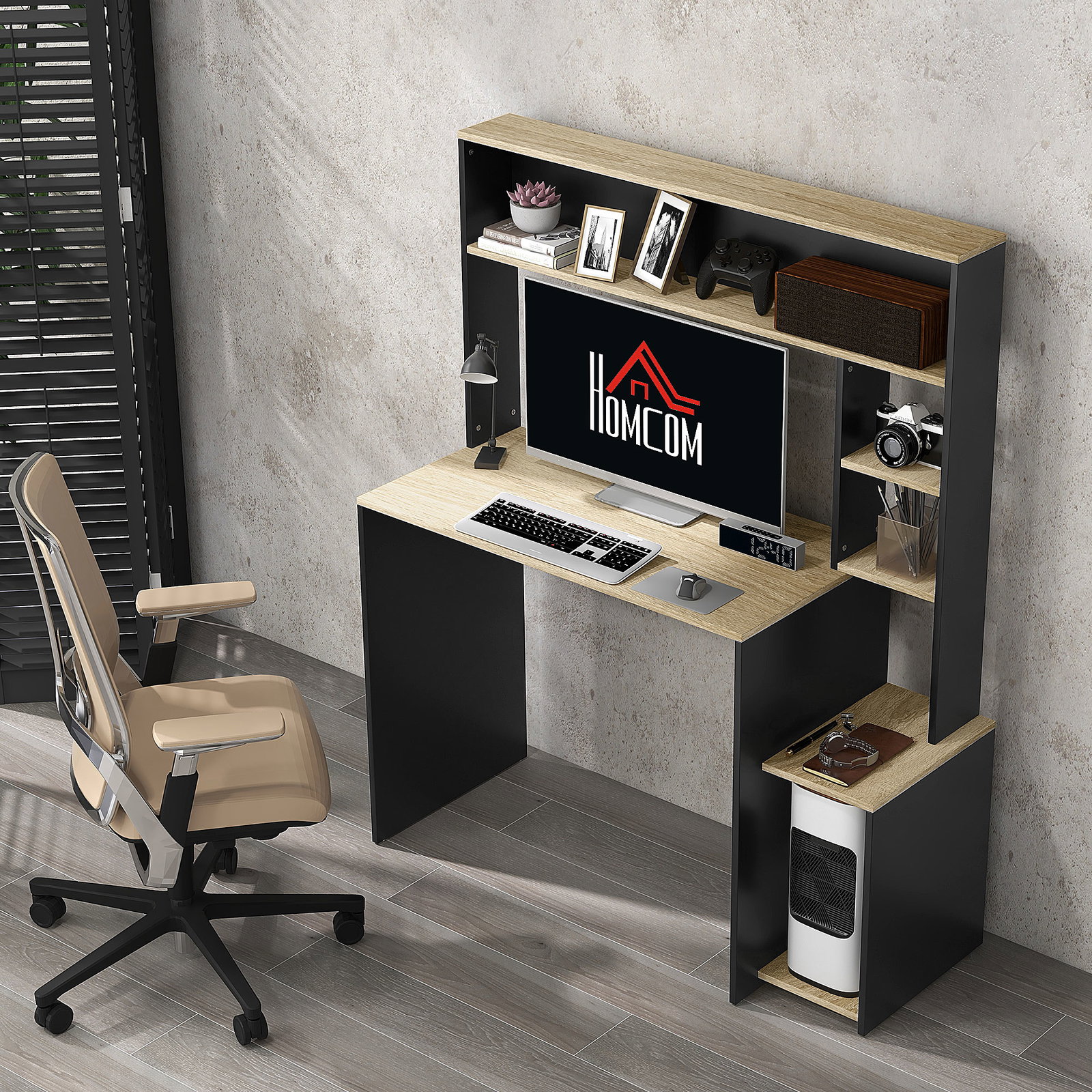 Secretária para computador com prateleira de 3 níveis mesa de estudo com suporte para cpu 114x45x138 cm cinza e natural