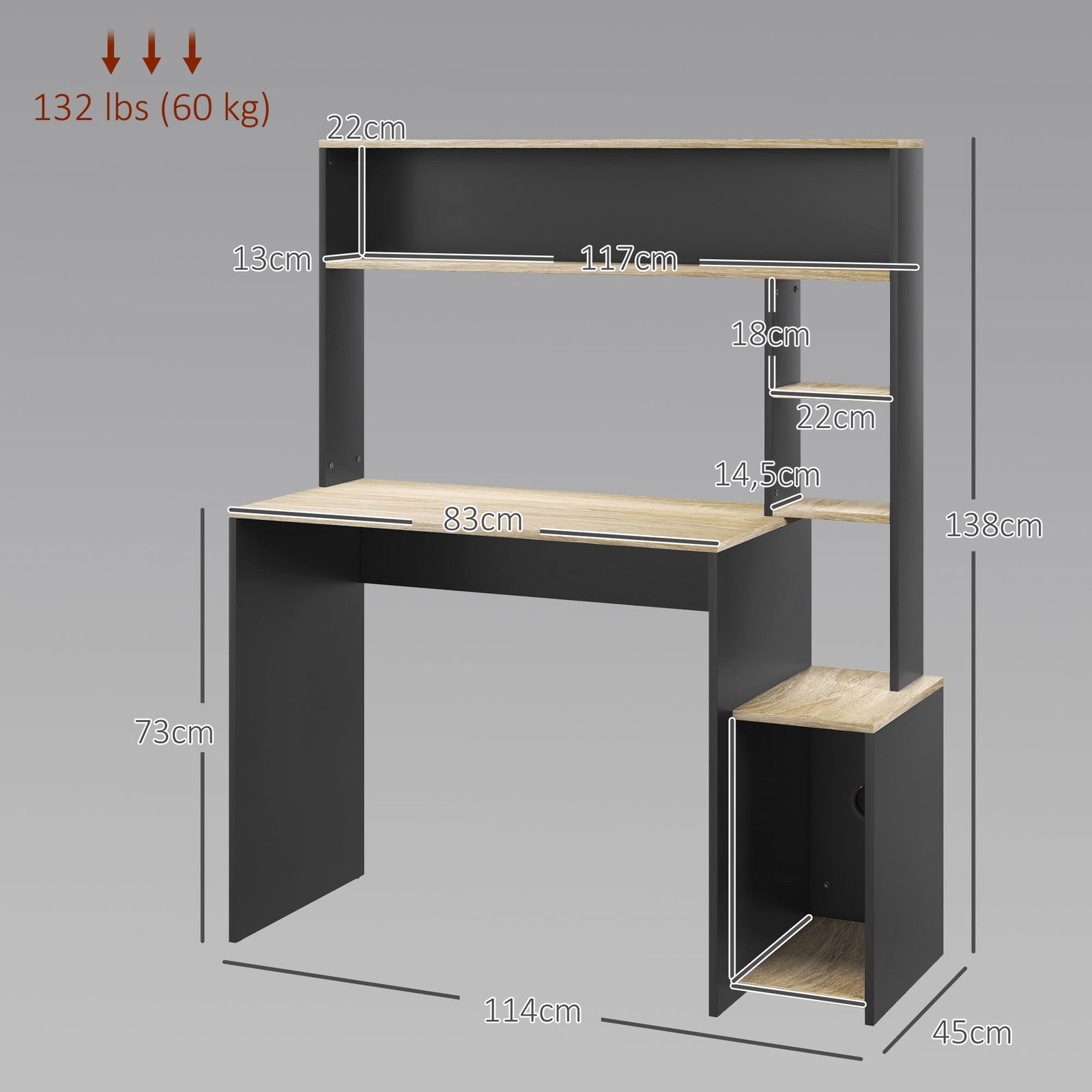 Secretária para computador com prateleira de 3 níveis mesa de estudo com suporte para cpu 114x45x138 cm cinza e natural