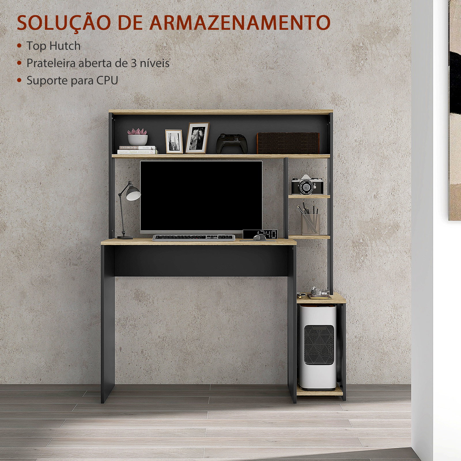 Secretária para computador com prateleira de 3 níveis mesa de estudo com suporte para cpu 114x45x138 cm cinza e natural