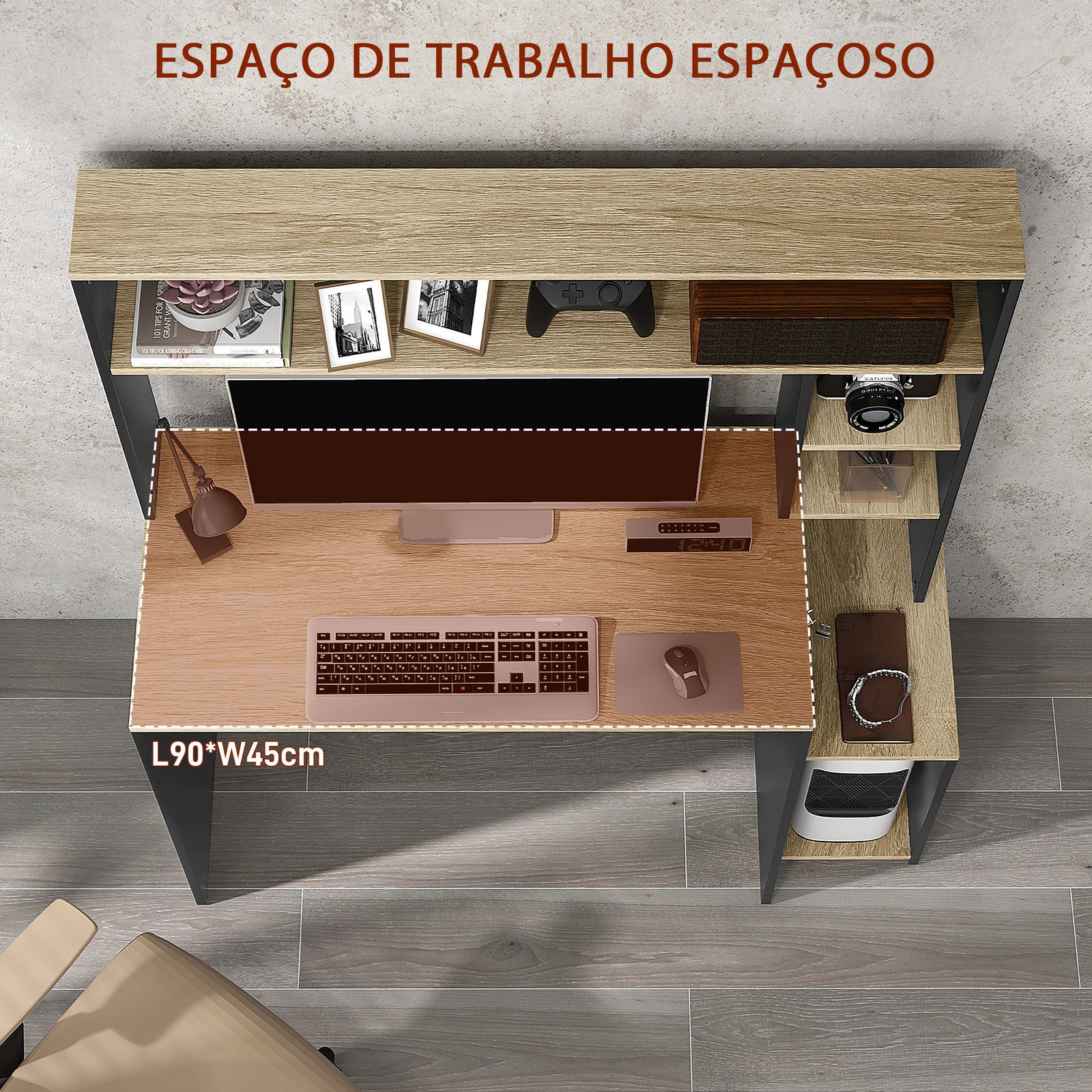 Secretária para computador com prateleira de 3 níveis mesa de estudo com suporte para cpu 114x45x138 cm cinza e natural