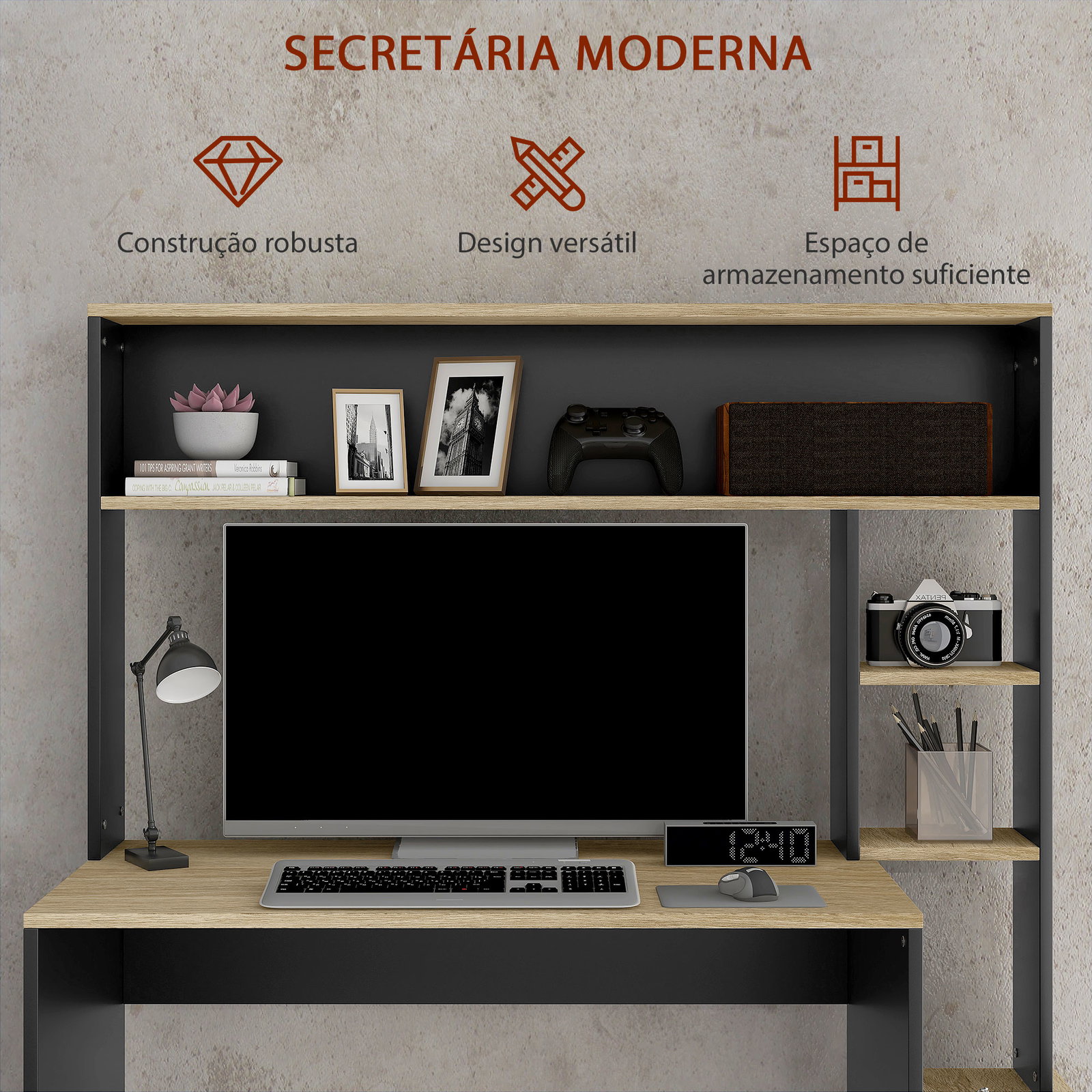 Secretária para computador com prateleira de 3 níveis mesa de estudo com suporte para cpu 114x45x138 cm cinza e natural