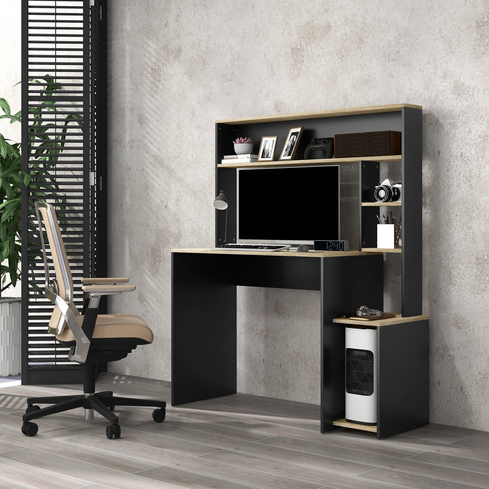 Secretária para computador com prateleira de 3 níveis mesa de estudo com suporte para cpu 114x45x138 cm cinza e natural