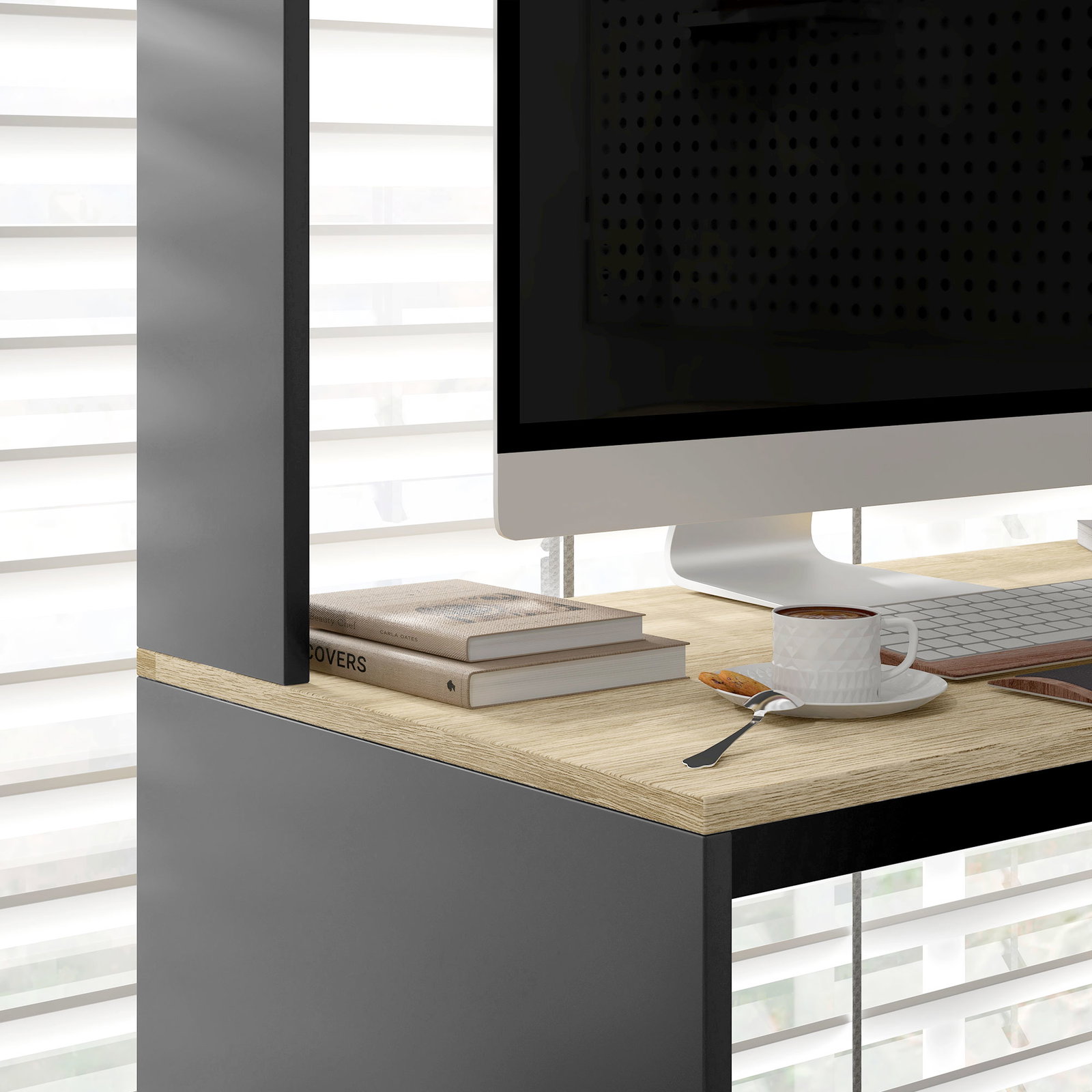 Secretária para computador com prateleira de 3 níveis mesa de estudo com suporte para cpu 114x45x138 cm cinza e natural