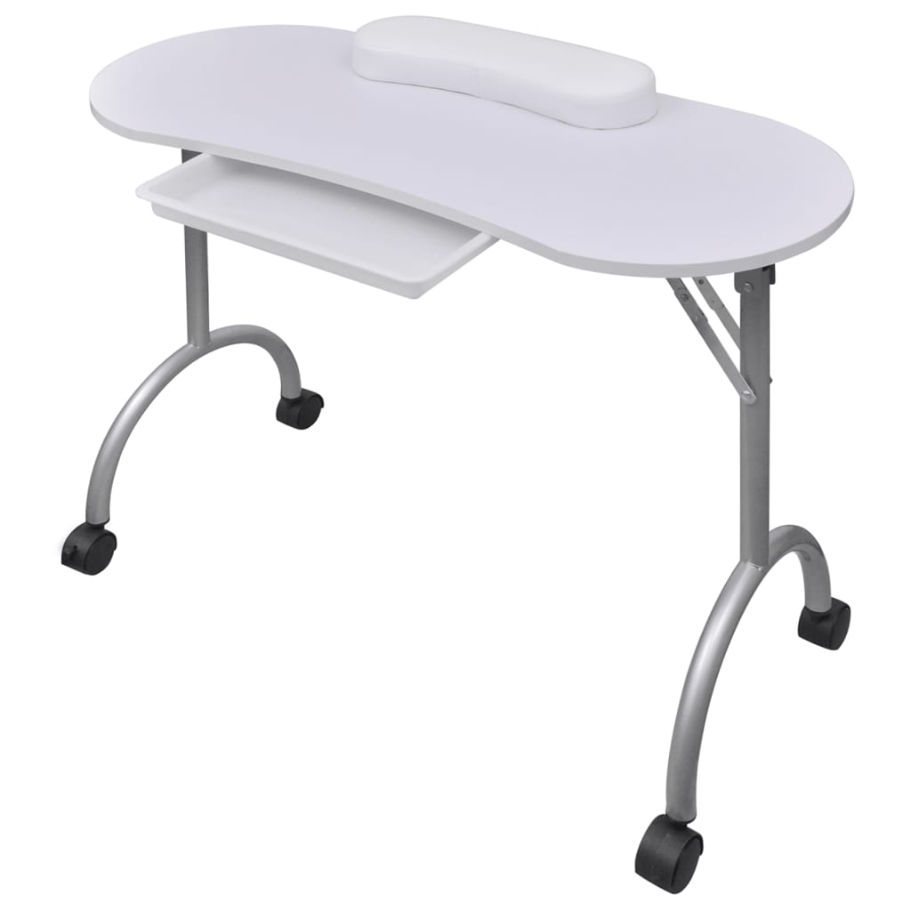 Mesa manicure dobrável com rodas, branca
