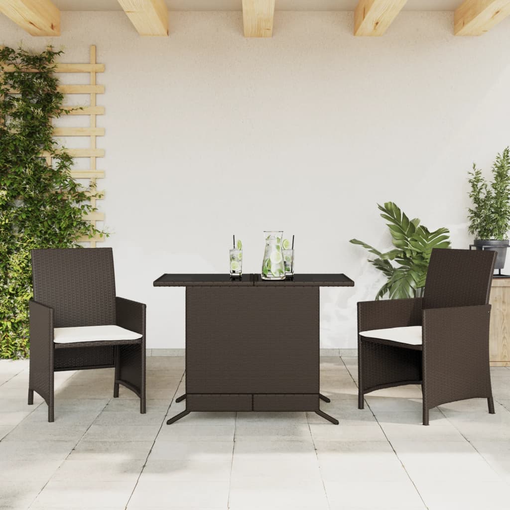 3 Pcs conjunto bistrô com almofadões vime PE castanho