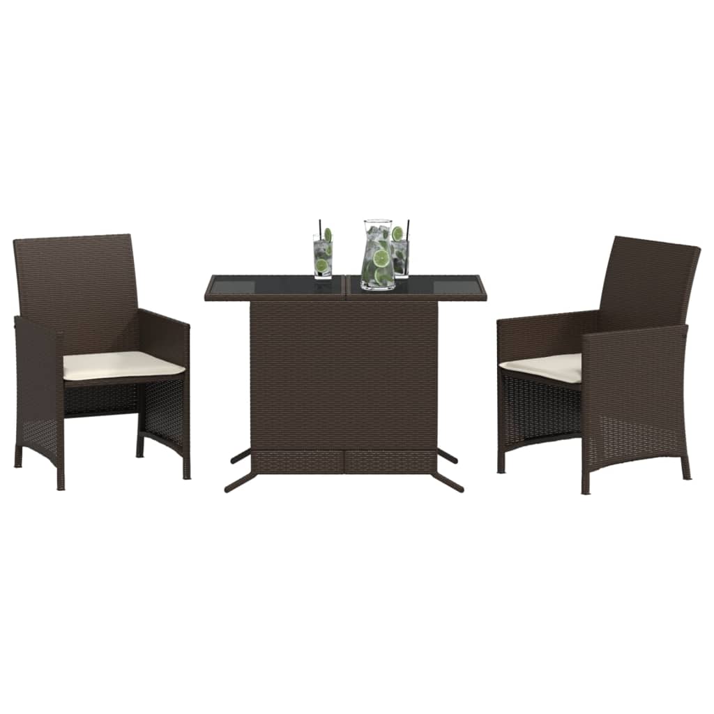 3 Pcs conjunto bistrô com almofadões vime PE castanho