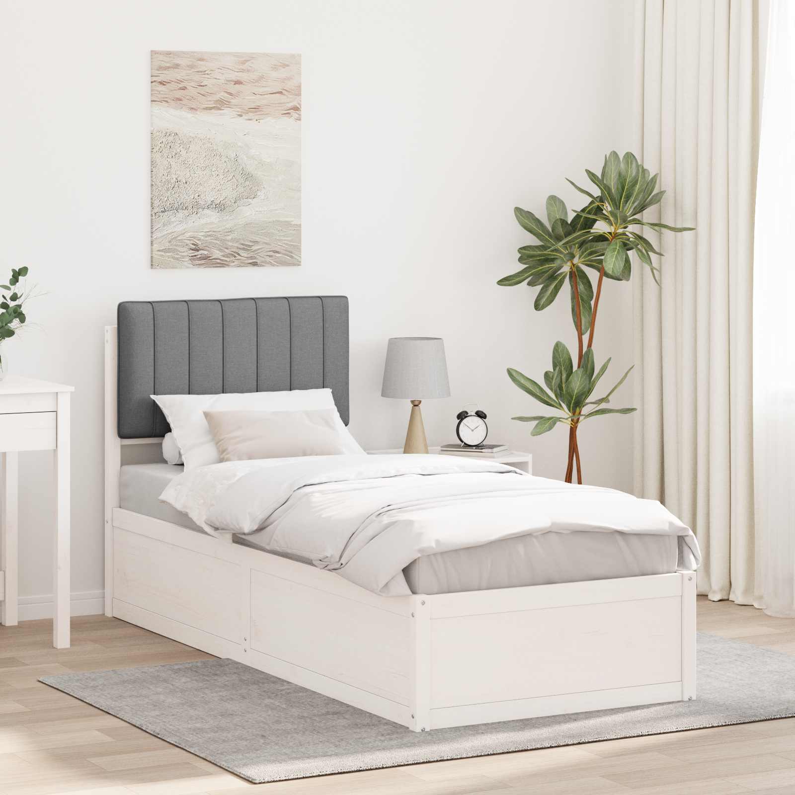 Estrutura de cama com cabeceira estofada cinzento-claro