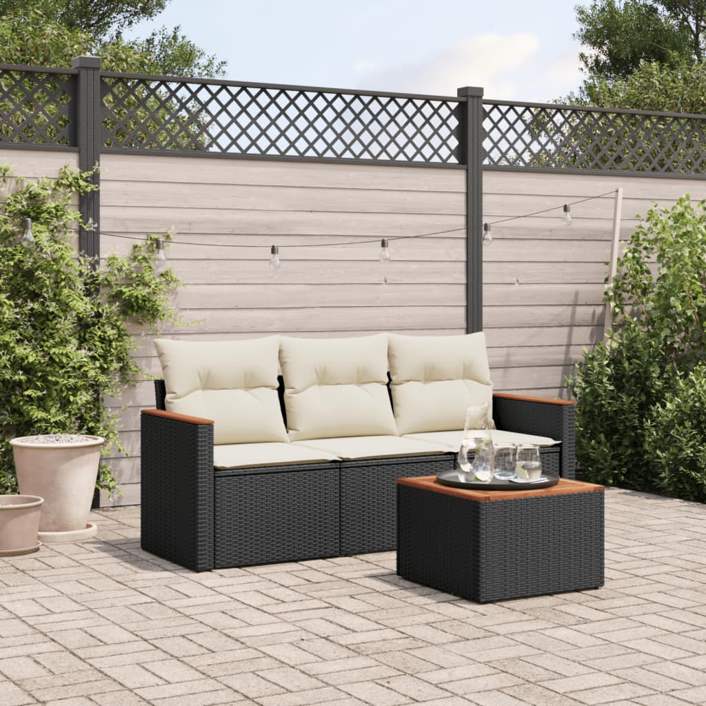 4 Pcs conjunto de sofás para jardim c/ almofadões vime PE preto