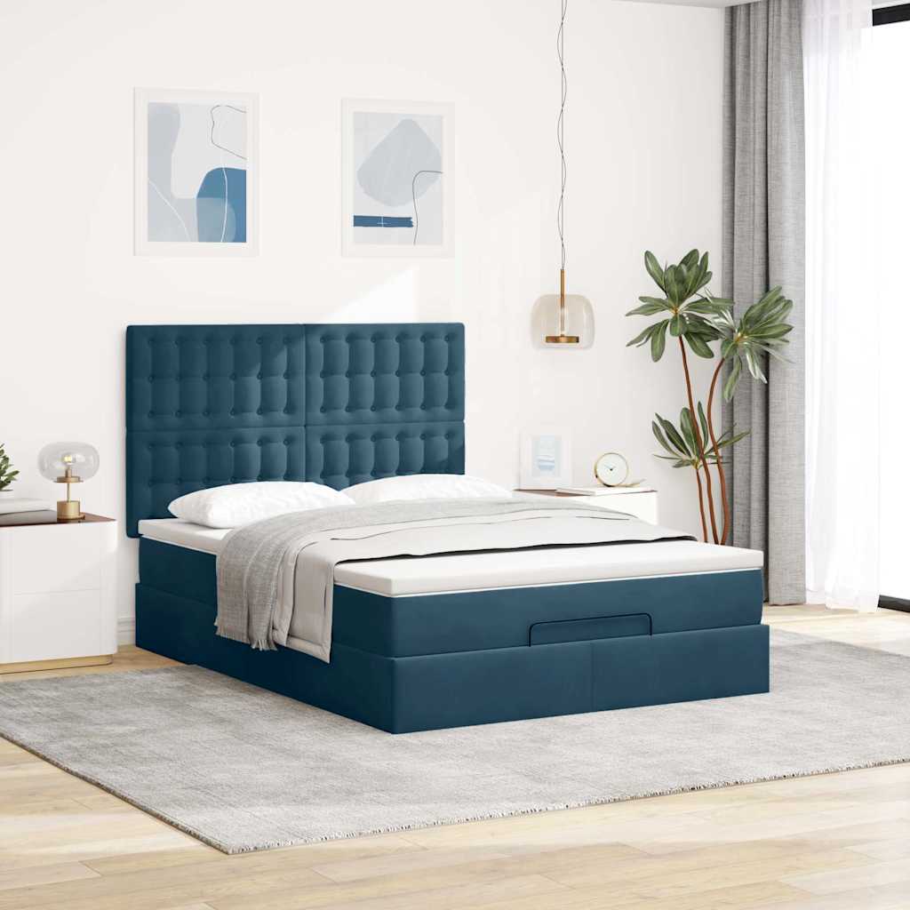 Estrutura cama otomana colchões 140x190 cm veludo azul escuro