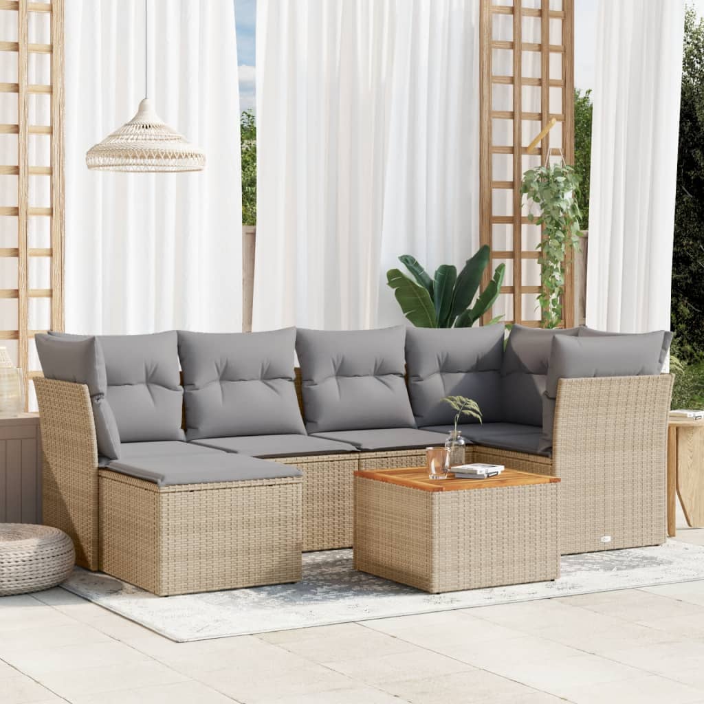 7 Pcs conjunto de sofás p/ jardim com almofadões vime PE bege