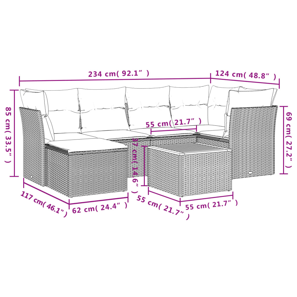7 Pcs conjunto de sofás p/ jardim com almofadões vime PE bege