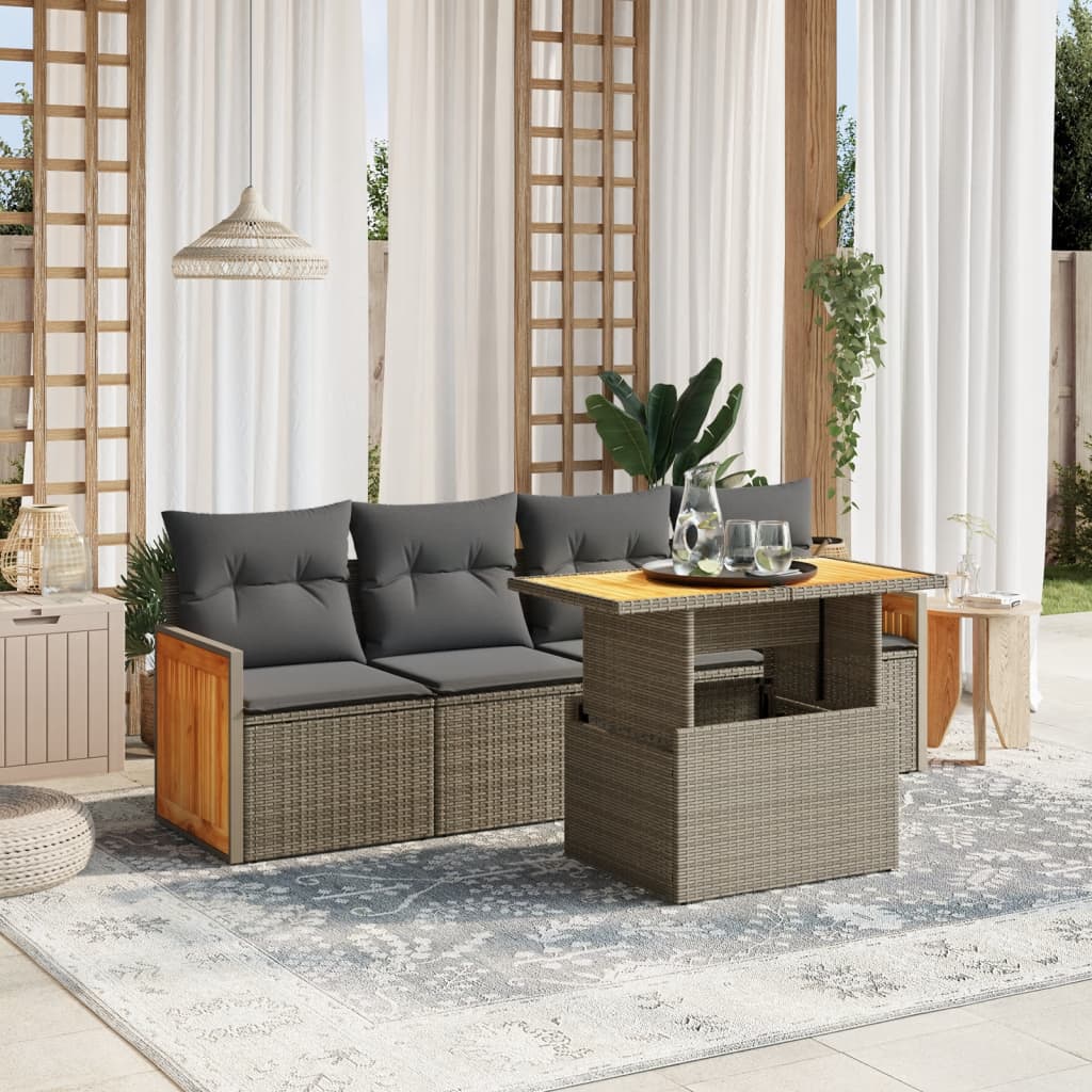 5 Pcs conjunto sofás de jardim c/ almofadões vime PE cinzento