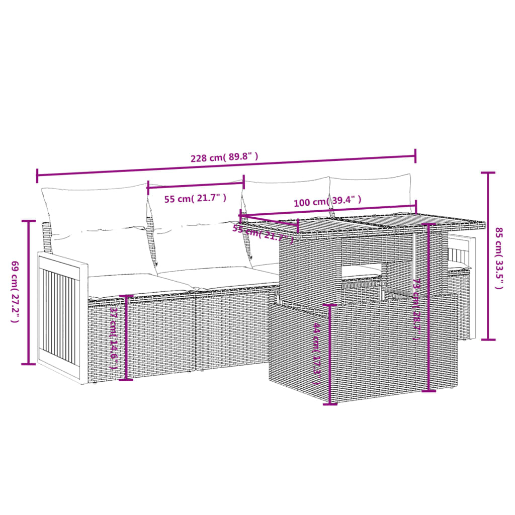 5 Pcs conjunto sofás de jardim c/ almofadões vime PE cinzento
