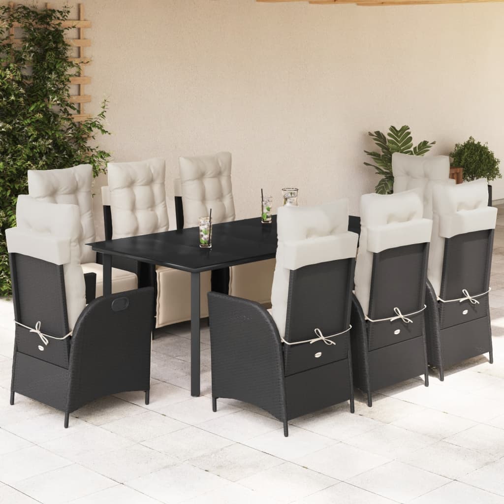 9 Pcs conjunto de jantar p/ jardim c/ almofadões vime PE preto