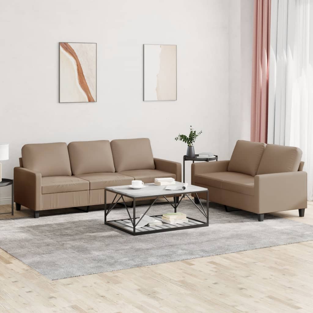 2 Pcs conjunto sofás c/ almofadões couro artif. cor cappuccino