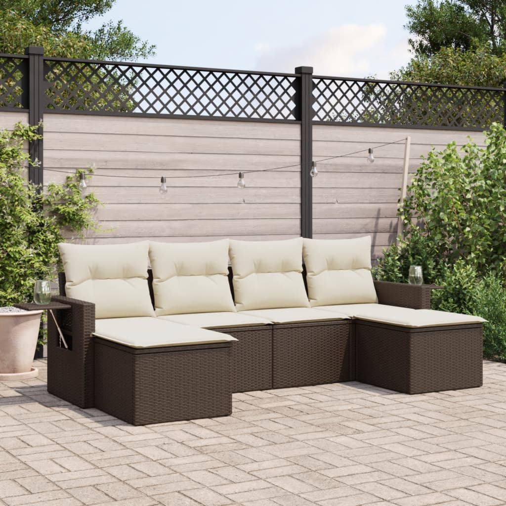 6 Pcs conjunto de sofás jardim c/ almofadões vime PE castanho