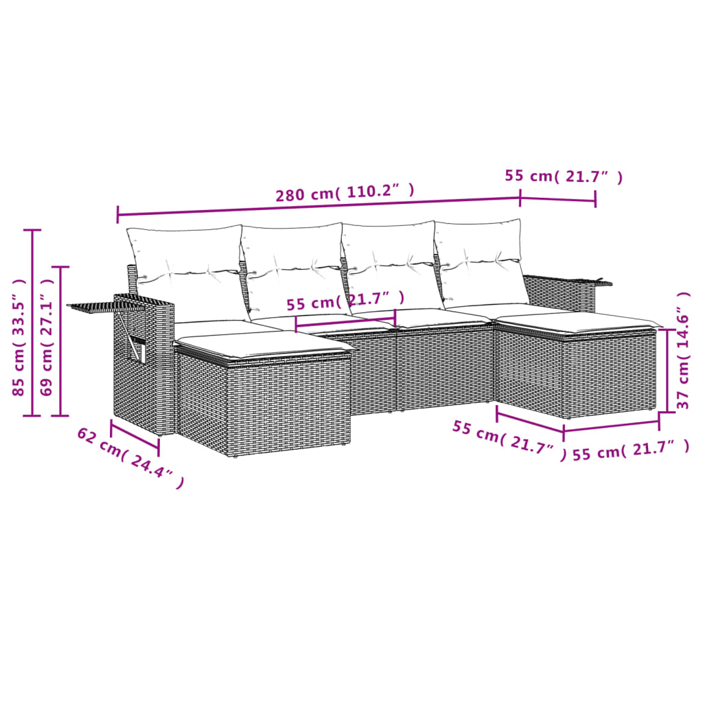6 Pcs conjunto de sofás jardim c/ almofadões vime PE castanho