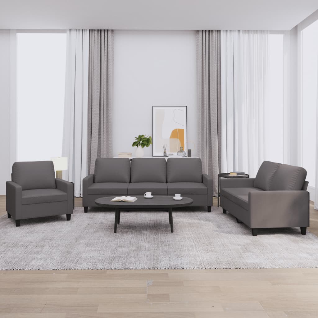 3 Pcs conjunto de sofás c/ almofadões couro artificial cinzento