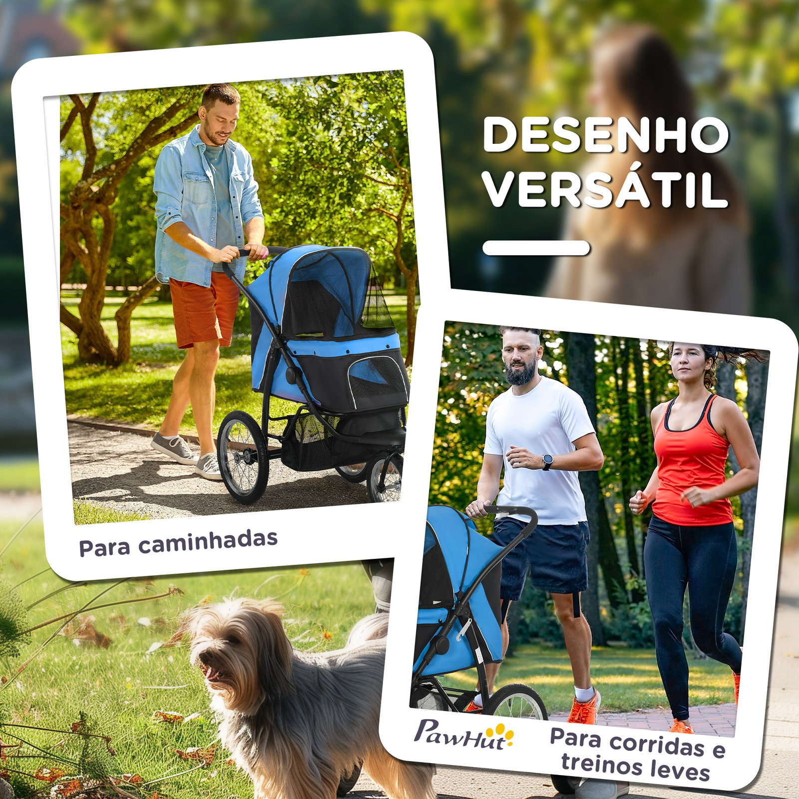 Carrinho para cães dobrável para cães médios e pequenos com cesta de armazenamento capota ajustável 111x58x107 cm azul