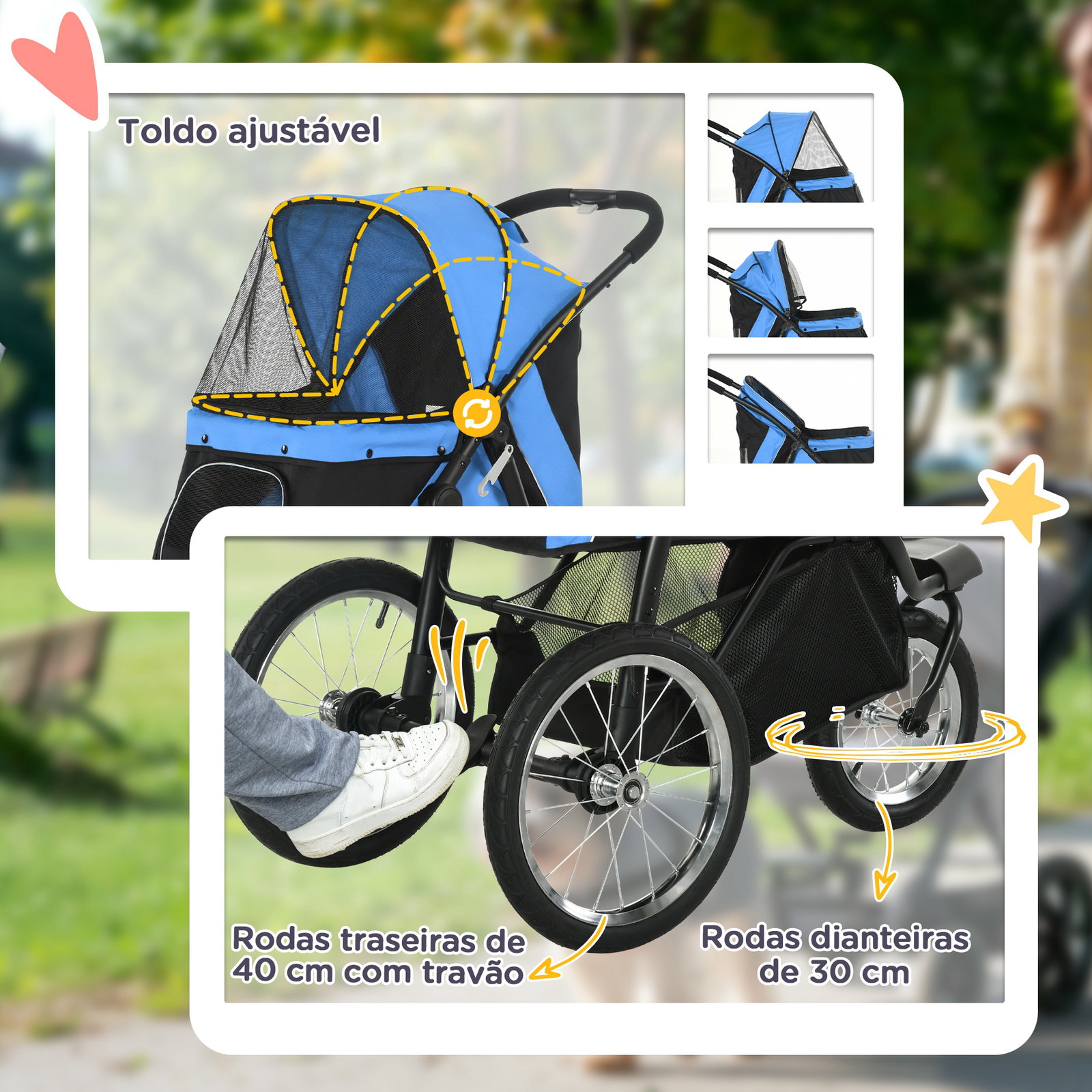 Carrinho para cães dobrável para cães médios e pequenos com cesta de armazenamento capota ajustável 111x58x107 cm azul