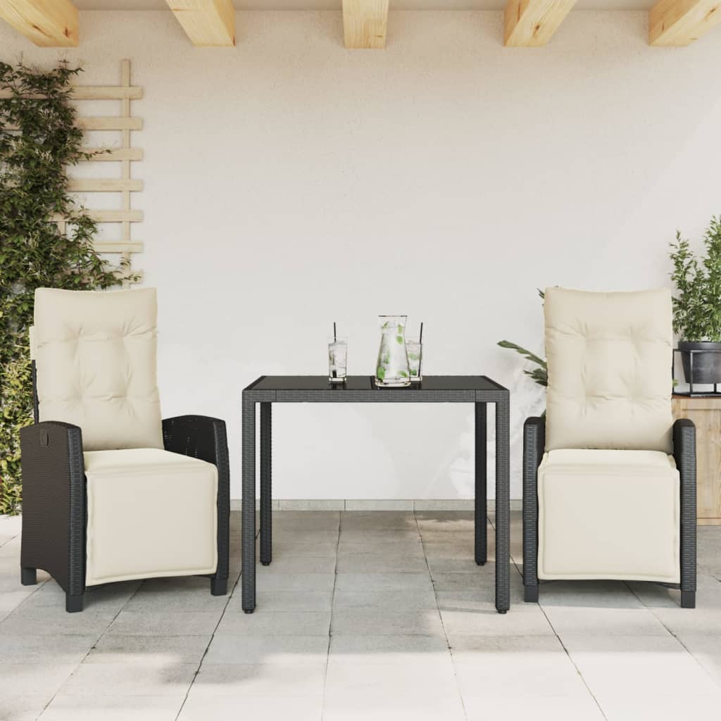 3 Pcs conjunto de jantar p/ jardim c/ almofadões vime PE preto