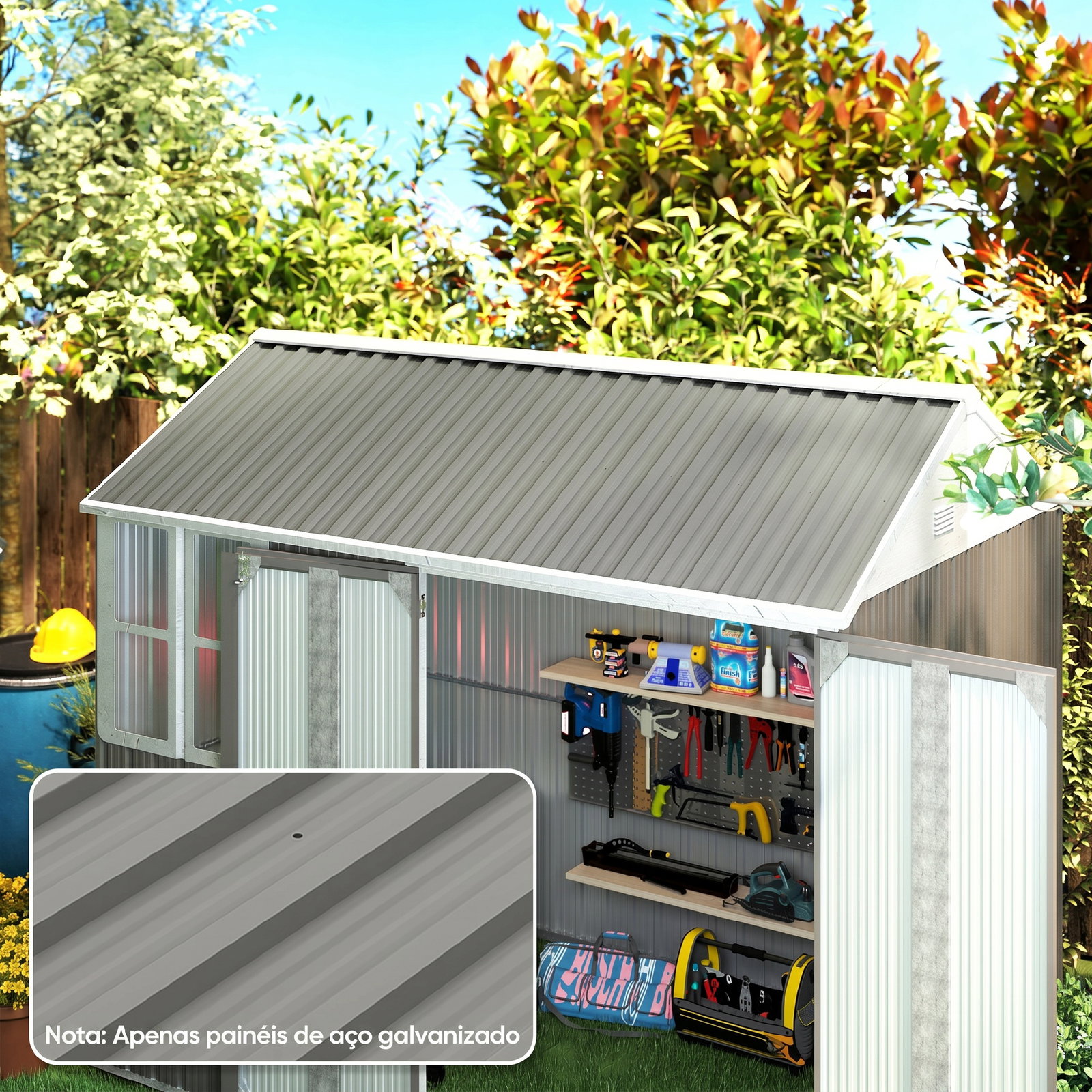 Conjunto de 12 painéis para teto de aço galvanizado chapas perfiladas de teto 7m² para abrigo de ferramentas 129x45 cm cinzento claro