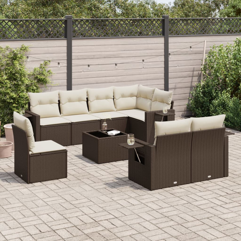 9 Pcs conjunto sofás p/ jardim c/ almofadões vime PE castanho