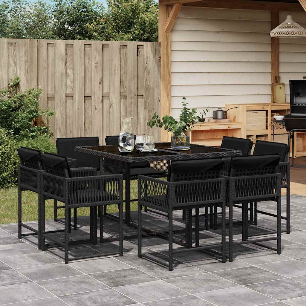 9 Pcs conjunto de jantar p/ jardim c/ almofadões vime PE preto