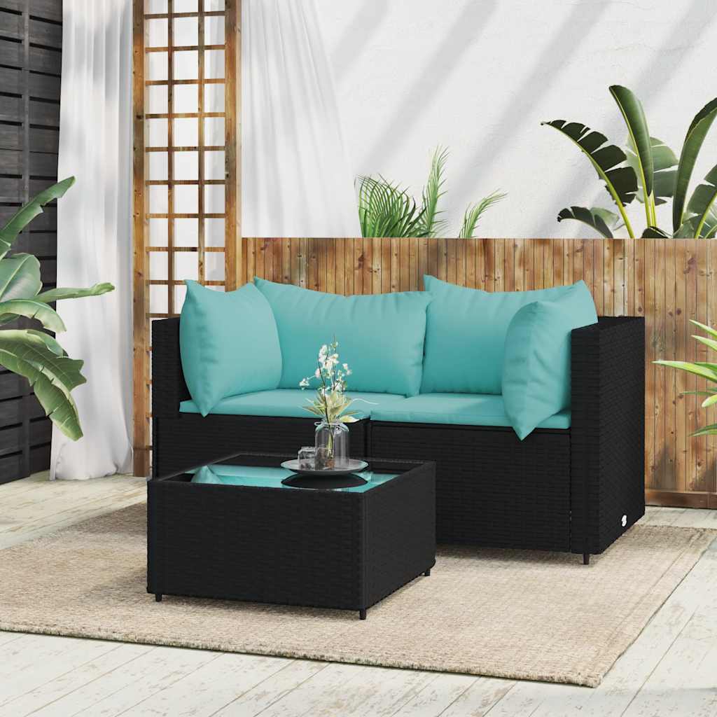 3 Pcs conjunto lounge de jardim c/ almofadões vime PE preto