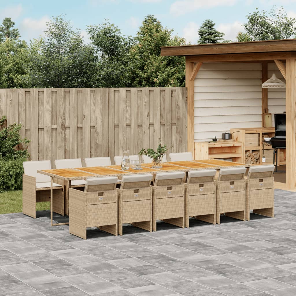 13 Pcs conjunto de jantar p/ jardim com almofadões vime PE bege