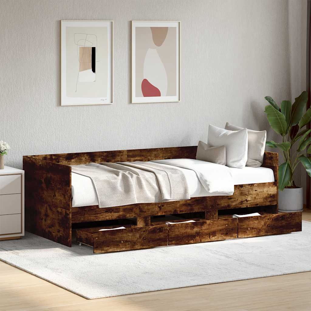 Sofá-cama com gavetas sem colchão 75x190 cm carvalho fumado