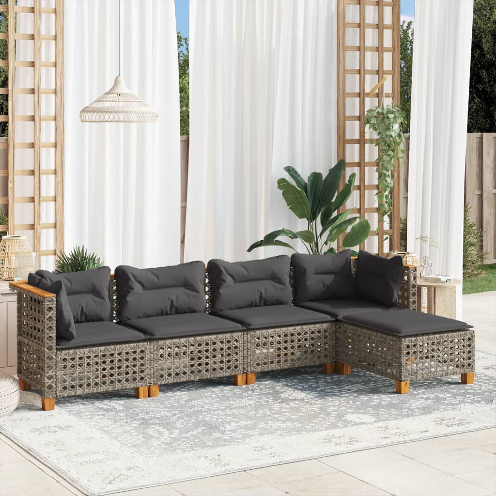 5 Pcs conjunto sofás de jardim c/ almofadões vime PE cinzento
