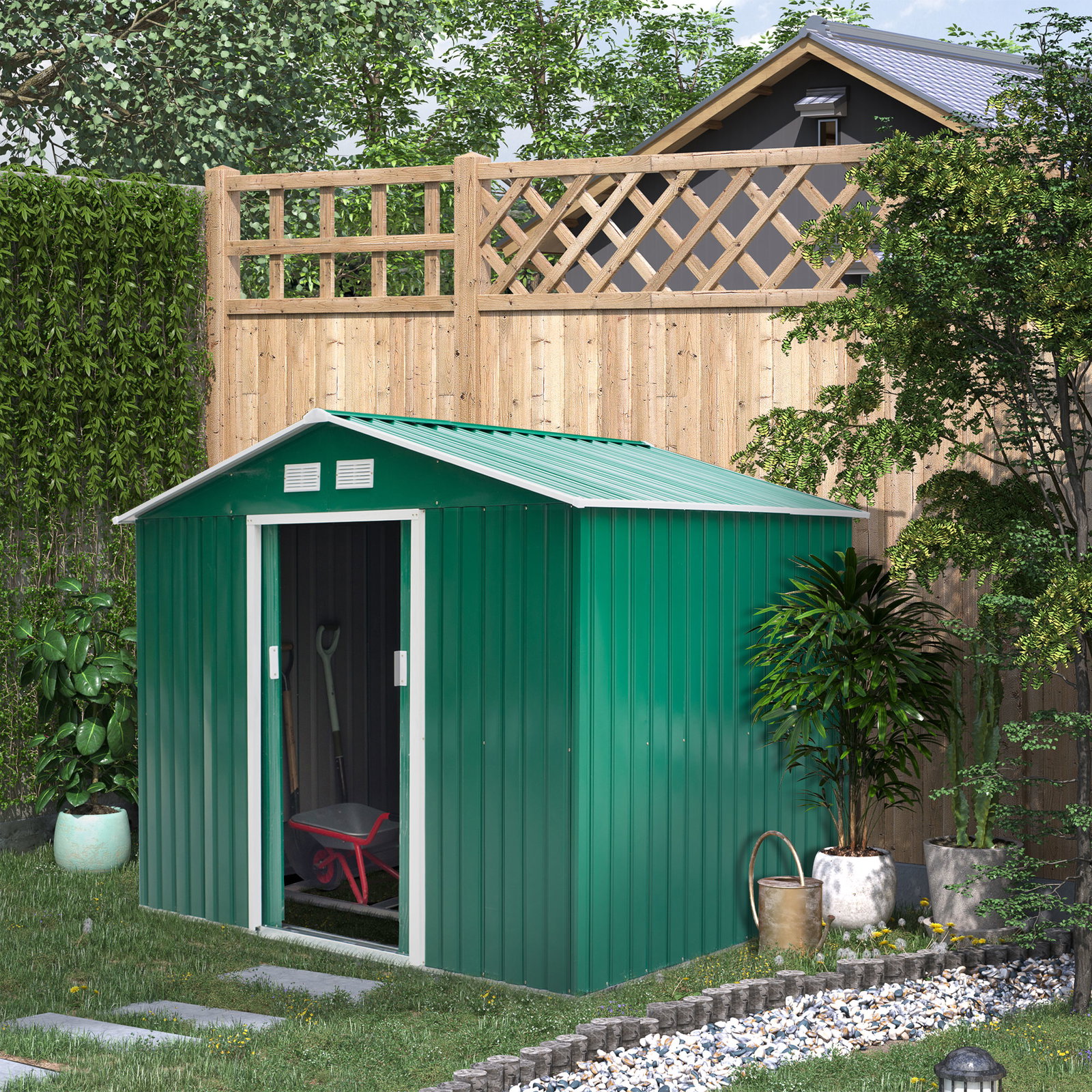 Abrigo de jardim exterior 4,83m² 277x195x192cm abrigo e jardim metálico para armazenamento de ferramentas com base incluída e 4 janelas verde escuro