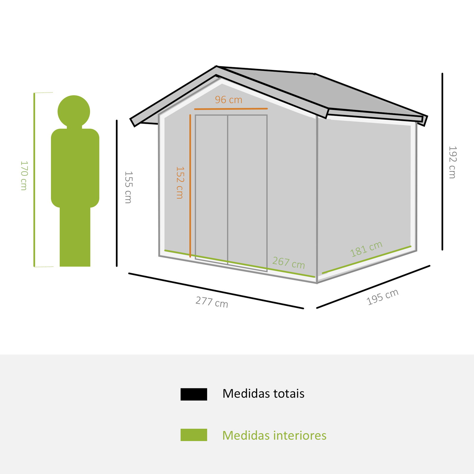 Abrigo de jardim exterior 4,83m² 277x195x192cm abrigo e jardim metálico para armazenamento de ferramentas com base incluída e 4 janelas verde escuro