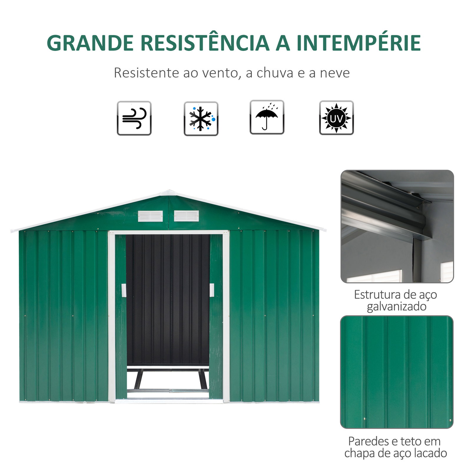 Abrigo de jardim exterior 4,83m² 277x195x192cm abrigo e jardim metálico para armazenamento de ferramentas com base incluída e 4 janelas verde escuro