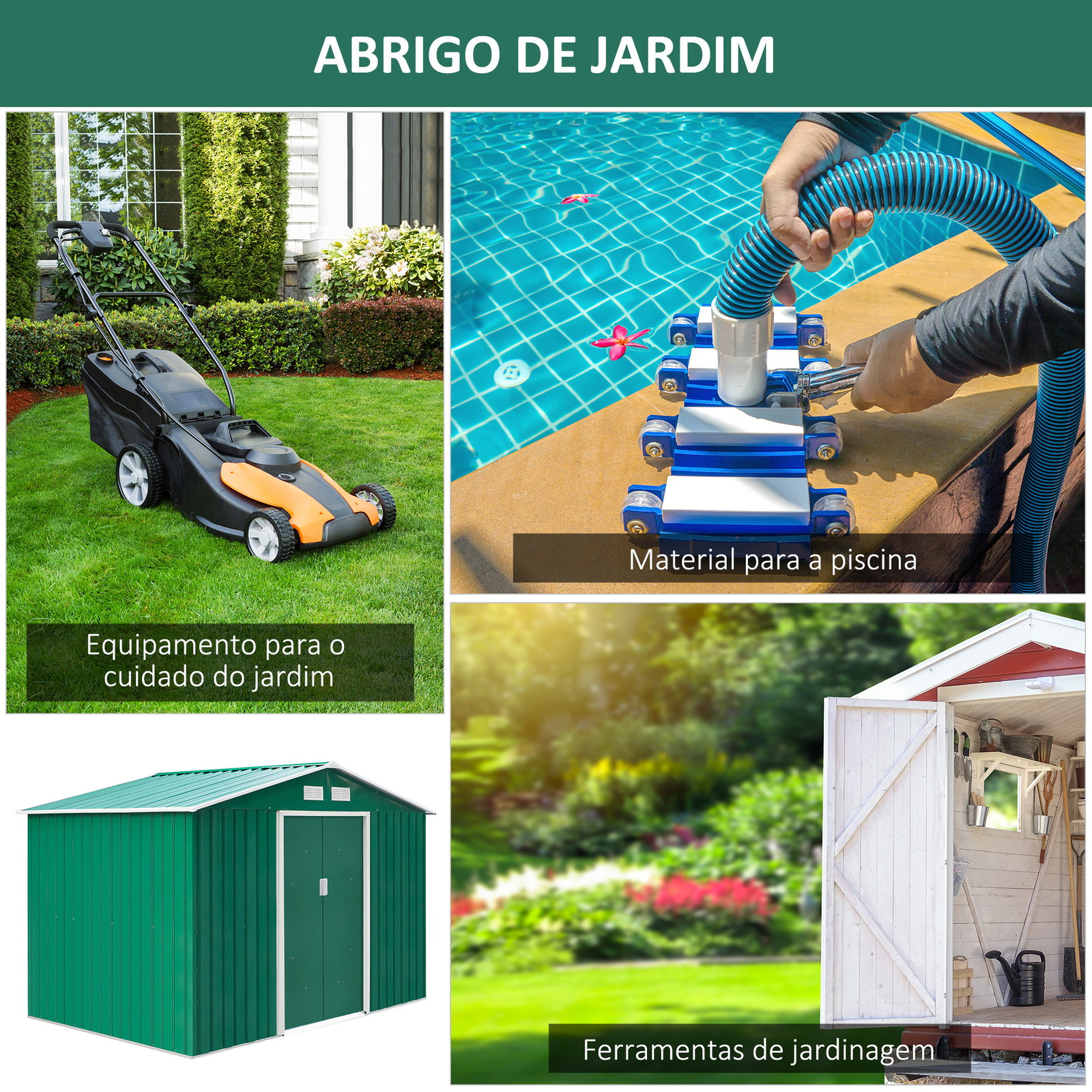 Abrigo de jardim exterior 4,83m² 277x195x192cm abrigo e jardim metálico para armazenamento de ferramentas com base incluída e 4 janelas verde escuro