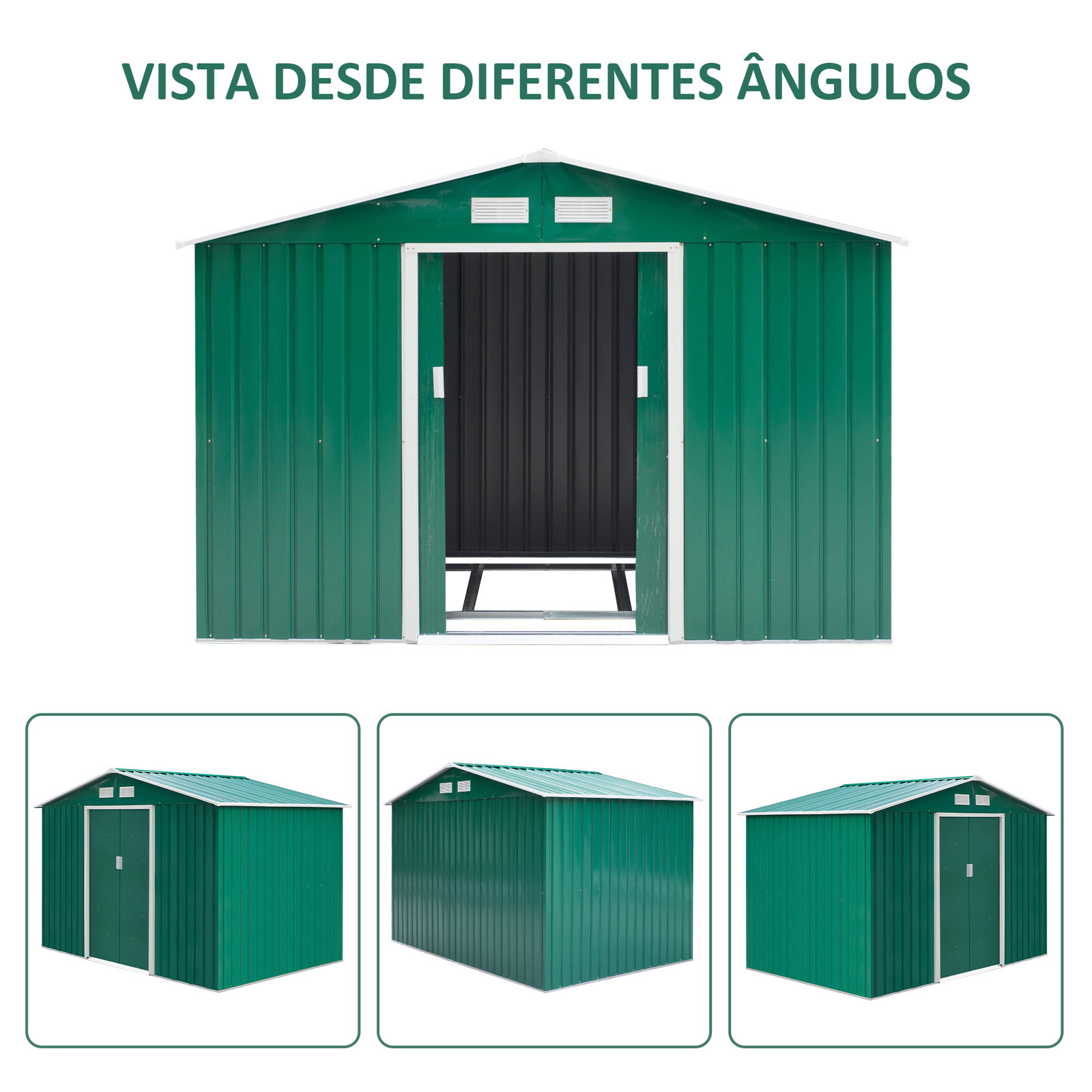 Abrigo de jardim exterior 4,83m² 277x195x192cm abrigo e jardim metálico para armazenamento de ferramentas com base incluída e 4 janelas verde escuro