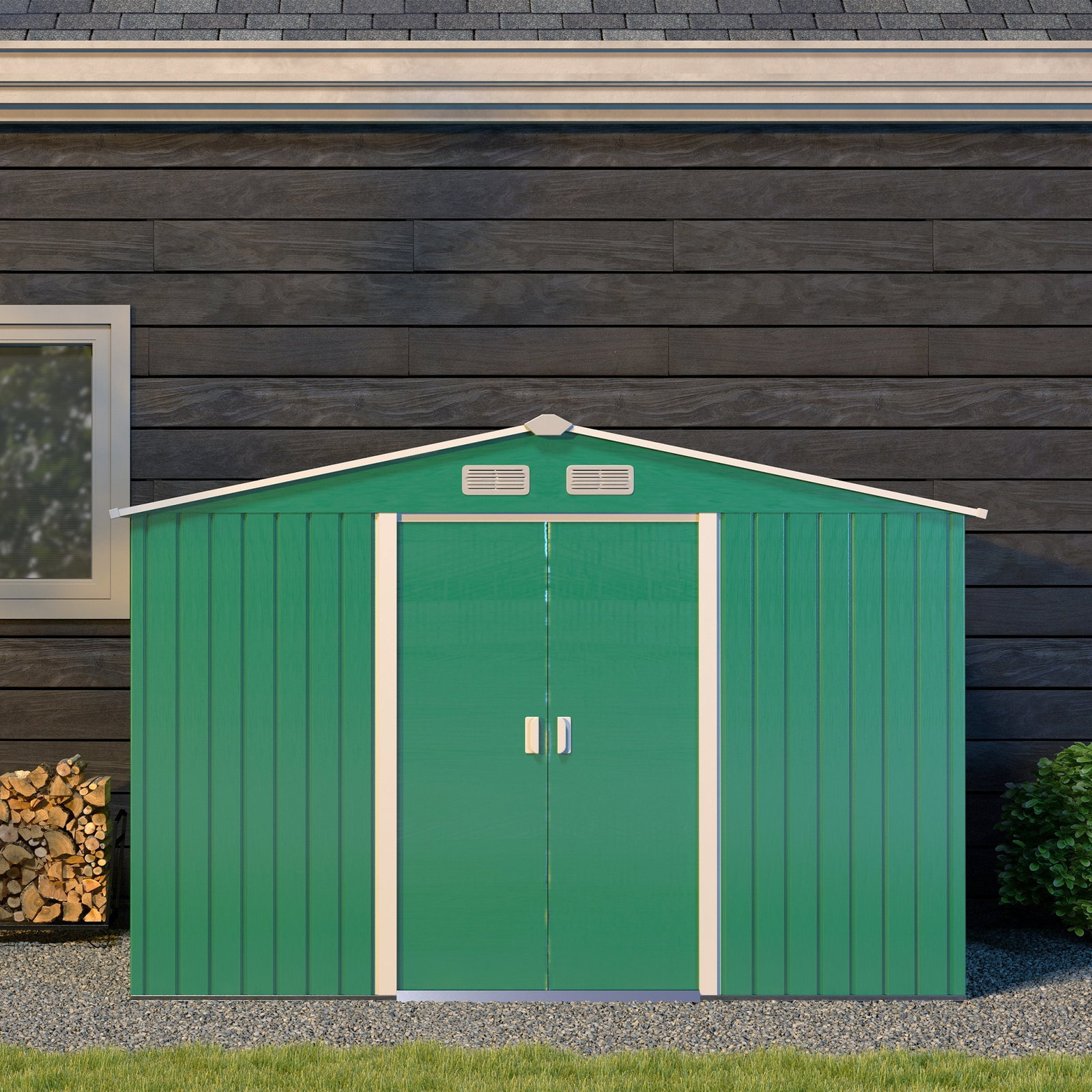 Abrigo de jardim exterior 4,83m² 277x195x192cm abrigo e jardim metálico para armazenamento de ferramentas com base incluída e 4 janelas verde escuro