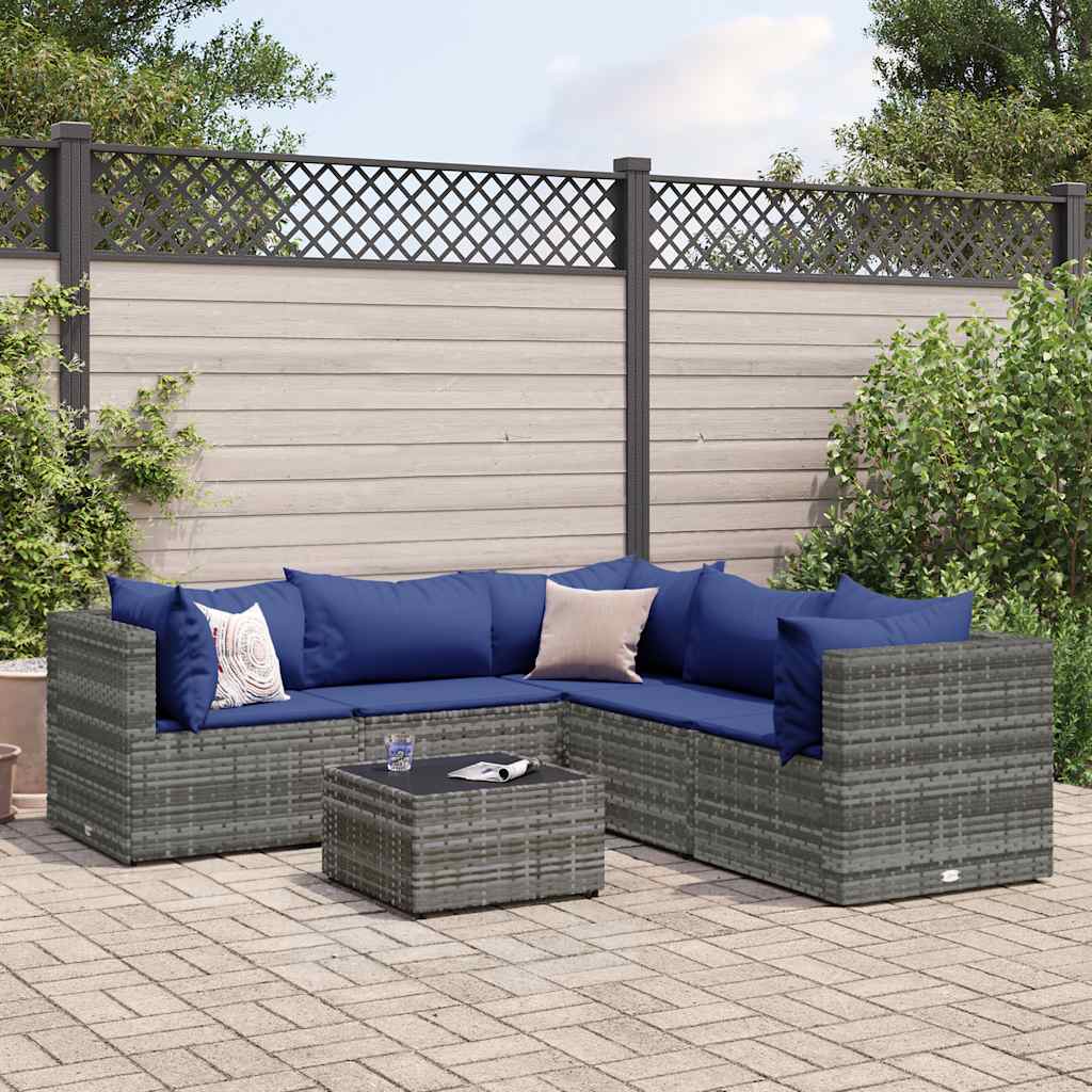 6 Pcs conjunto lounge de jardim c/ almofadões vime PE cinzento