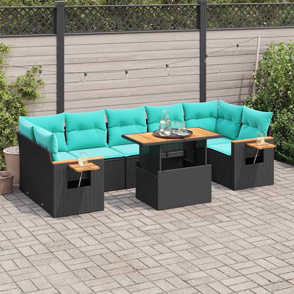 8 Pcs conjunto sofás de jardim com almofadões vime PE preto