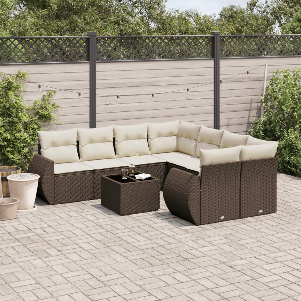 9 Pcs conjunto sofás p/ jardim c/ almofadões vime PE castanho