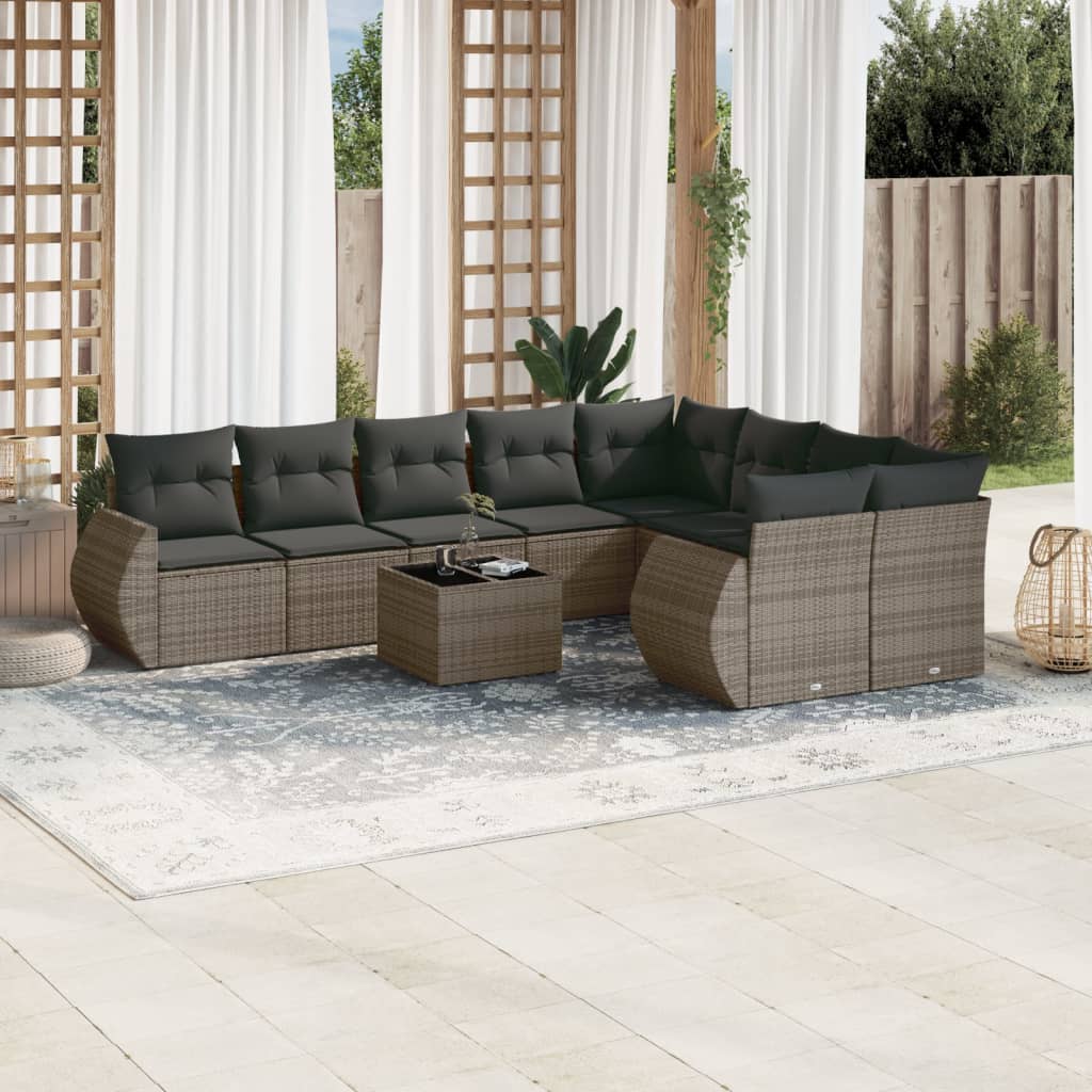 10 Pcs conjunto sofás de jardim c/ almofadões vime PE cinzento