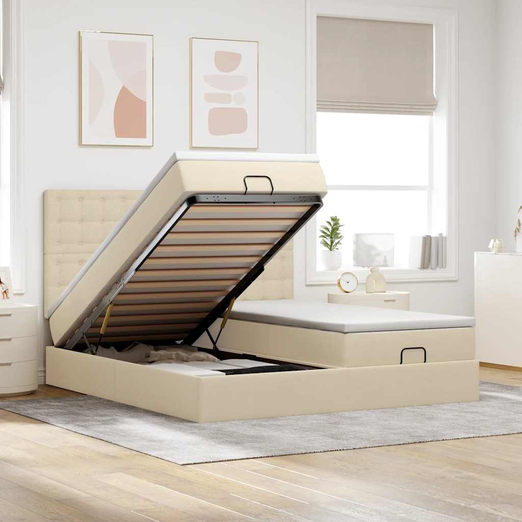 Estrutura de cama otomana com colchões tecido creme 180x200cm