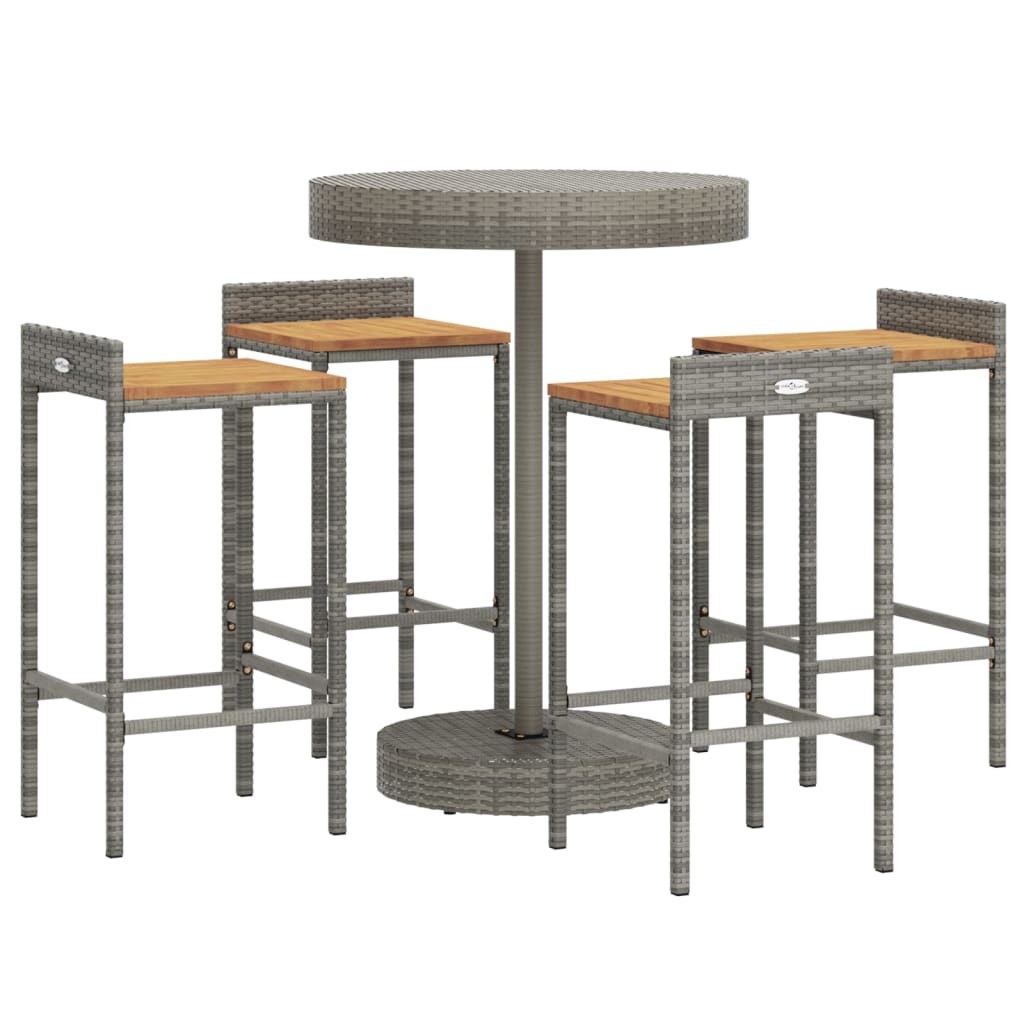 5 Pcs conjunto de bar p/ jardim vime PE/acácia maciça cinzento