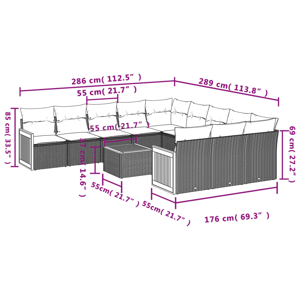 12 Pcs conjunto de sofás de jardim c/ almofadões vime PE preto