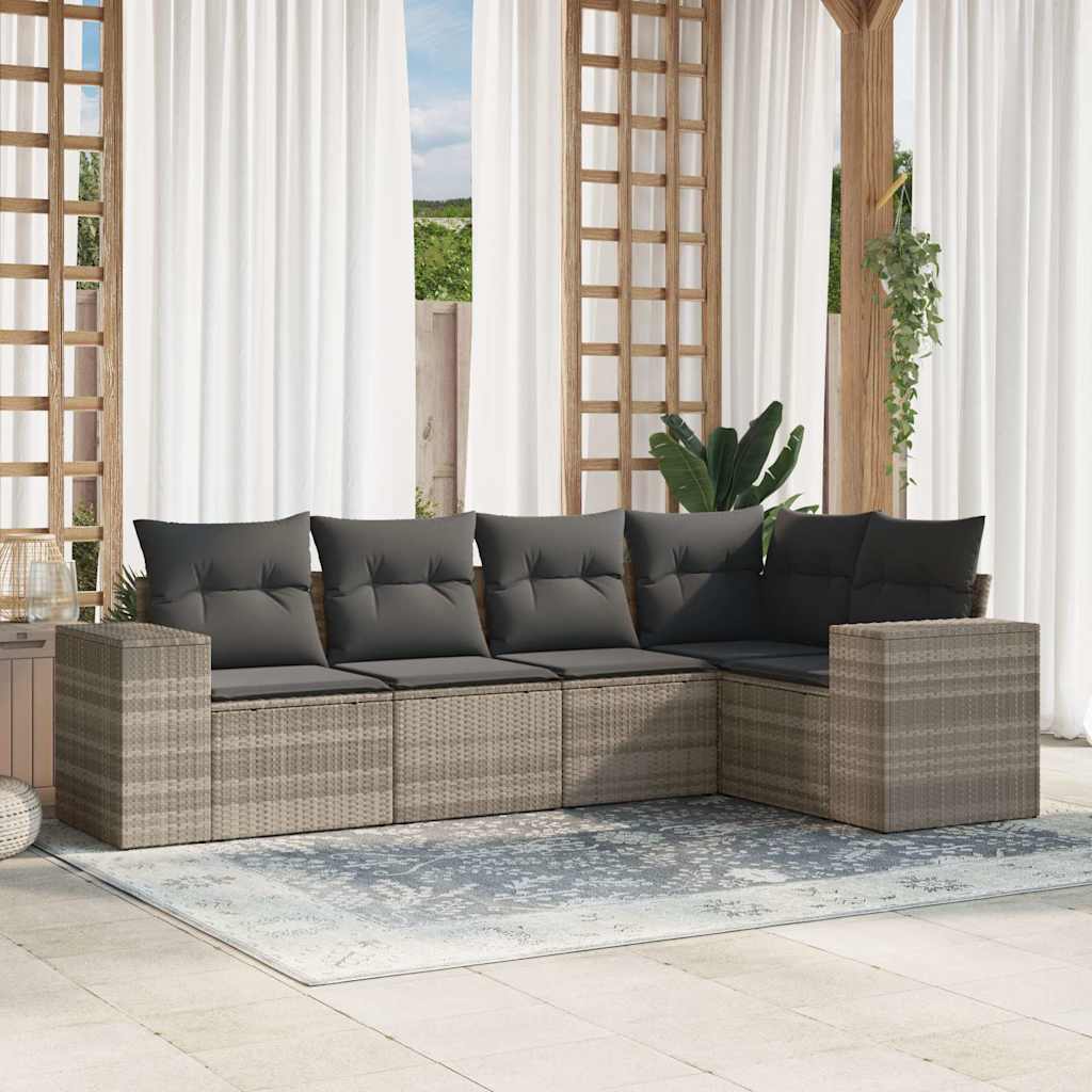 5 Pcs conj. sofás jardim c/ almofadões vime PE cinzento-claro