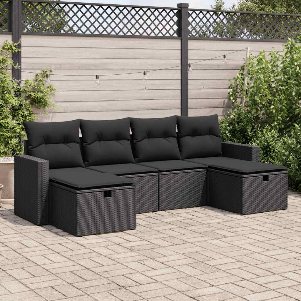 6 Pcs conjunto sofás de jardim c/ almofadões vime PE preto